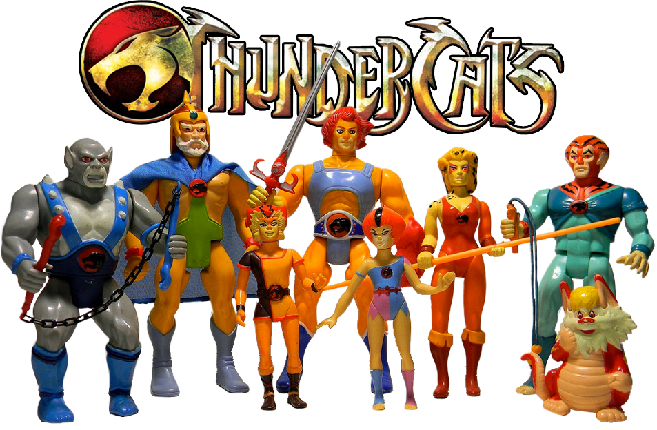 霹靂貓 桌布 壁紙 — 充滿活力的復古 ThunderCats 可動人偶在標誌性標誌下英勇地擺出姿勢。