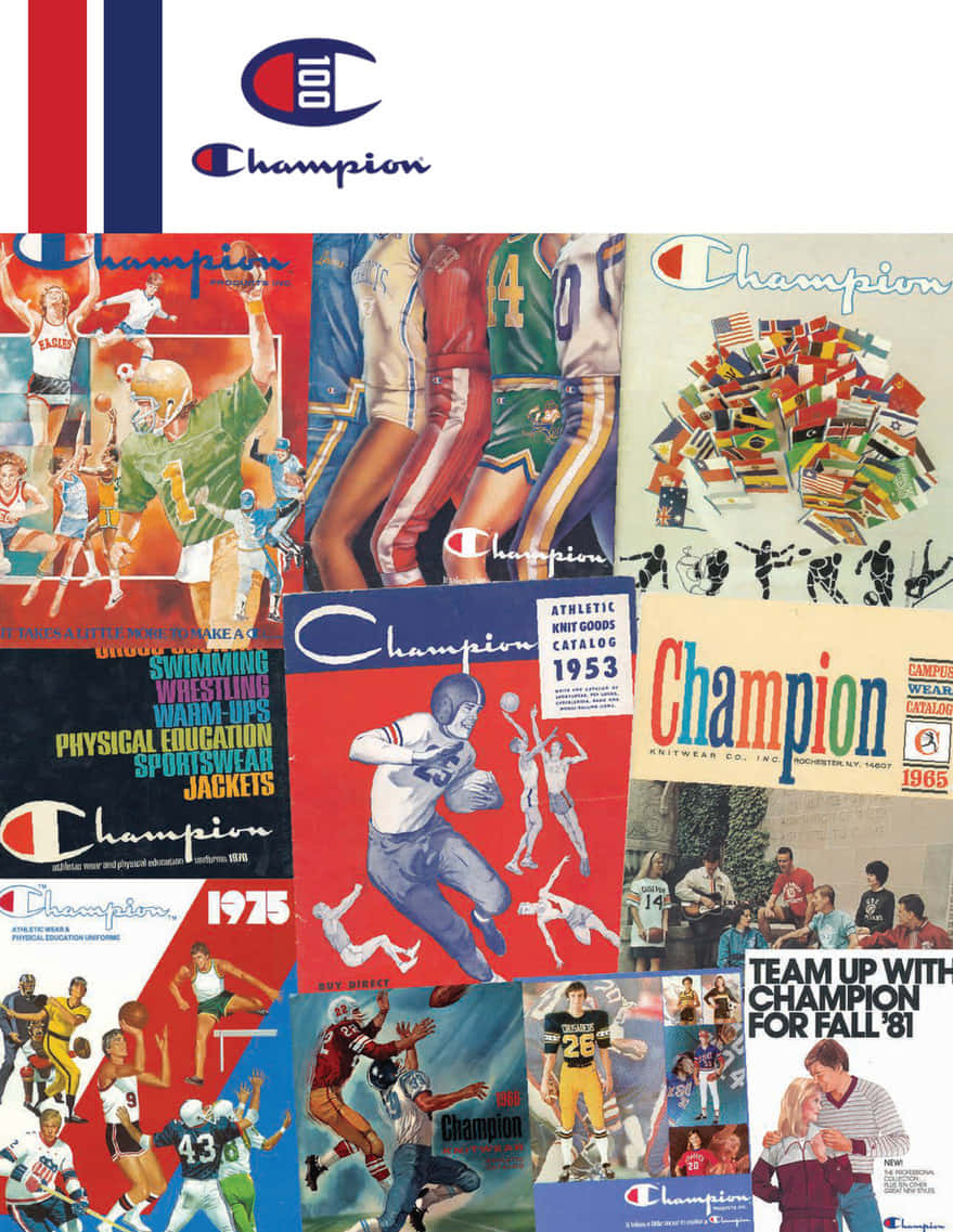 Champion 桌布 壁紙 — 充滿活力的復古Champion運動目錄拼貼畫，展示數十年來穿著彩色制服的運動員的復古運動廣告。