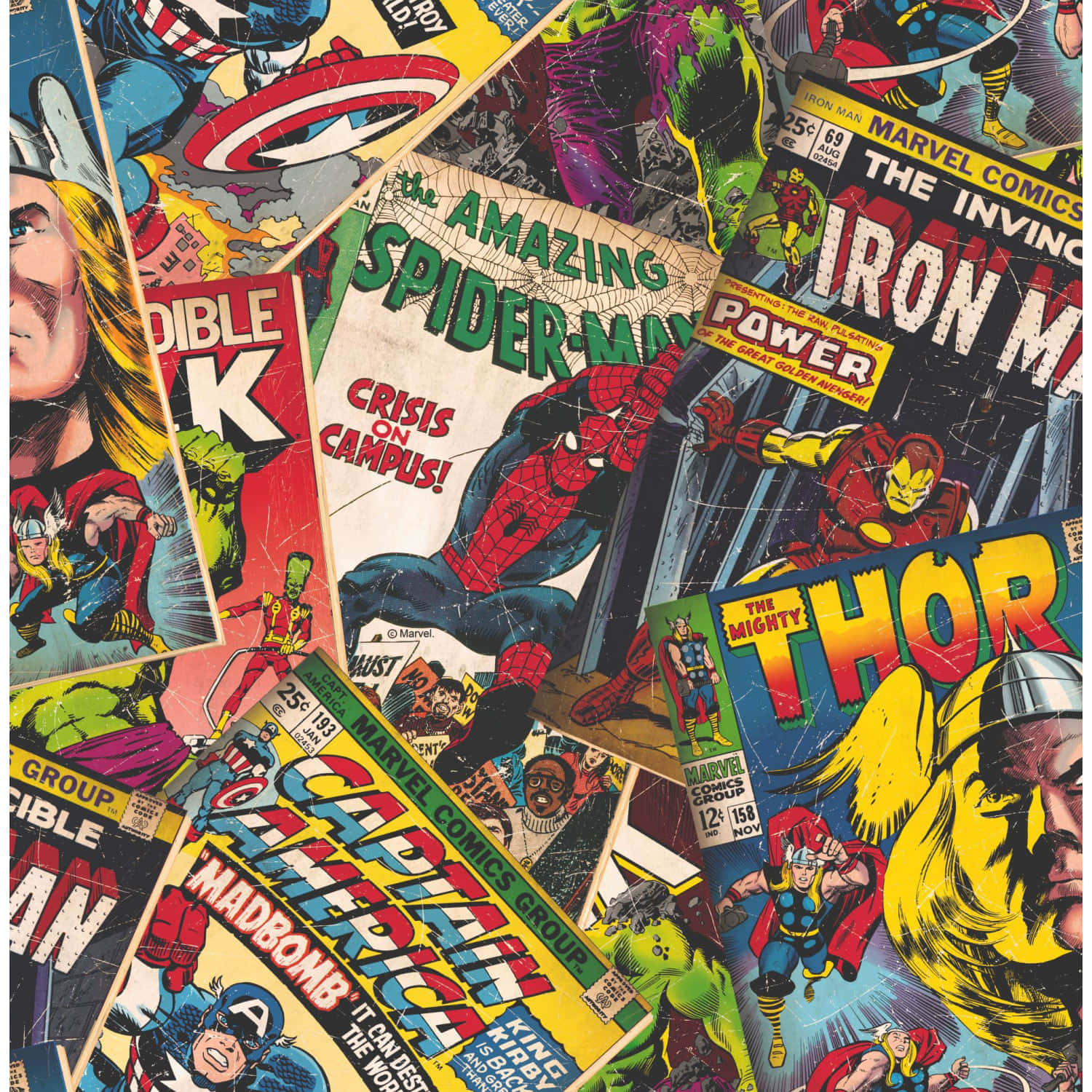 Comics 桌布 壁紙 — 充滿活力的復古Marvel漫畫封面拼貼， featuring 蜘蛛人、鋼鐵人、索爾和美國隊長在動態動作姿勢中。