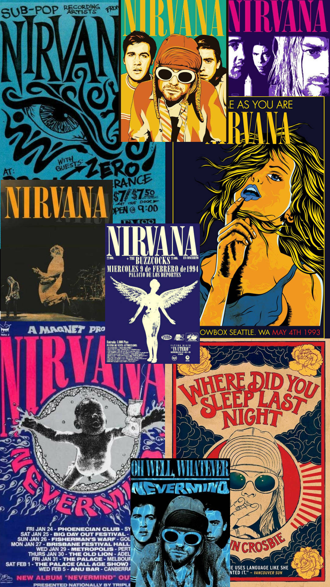 nirvana 4K 桌布 壁紙 — 充滿活力的復古Nirvana音樂會海報拼貼， featuring 樂隊圖像、粗體字體和迷幻藝術風格。
