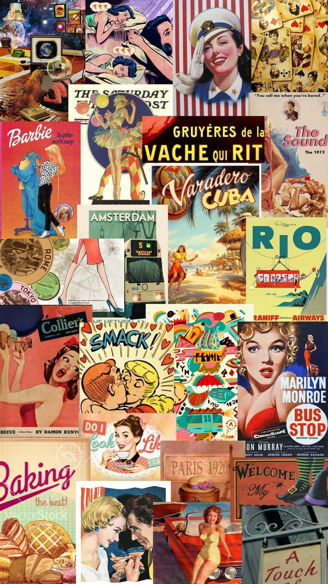 Vintage Collage 桌布 壁紙 — 充滿活力的復古世紀中葉旅行海報和釘up藝術拼貼畫，以瑪麗蓮夢露和芭比娃娃為特色，色彩大膽。