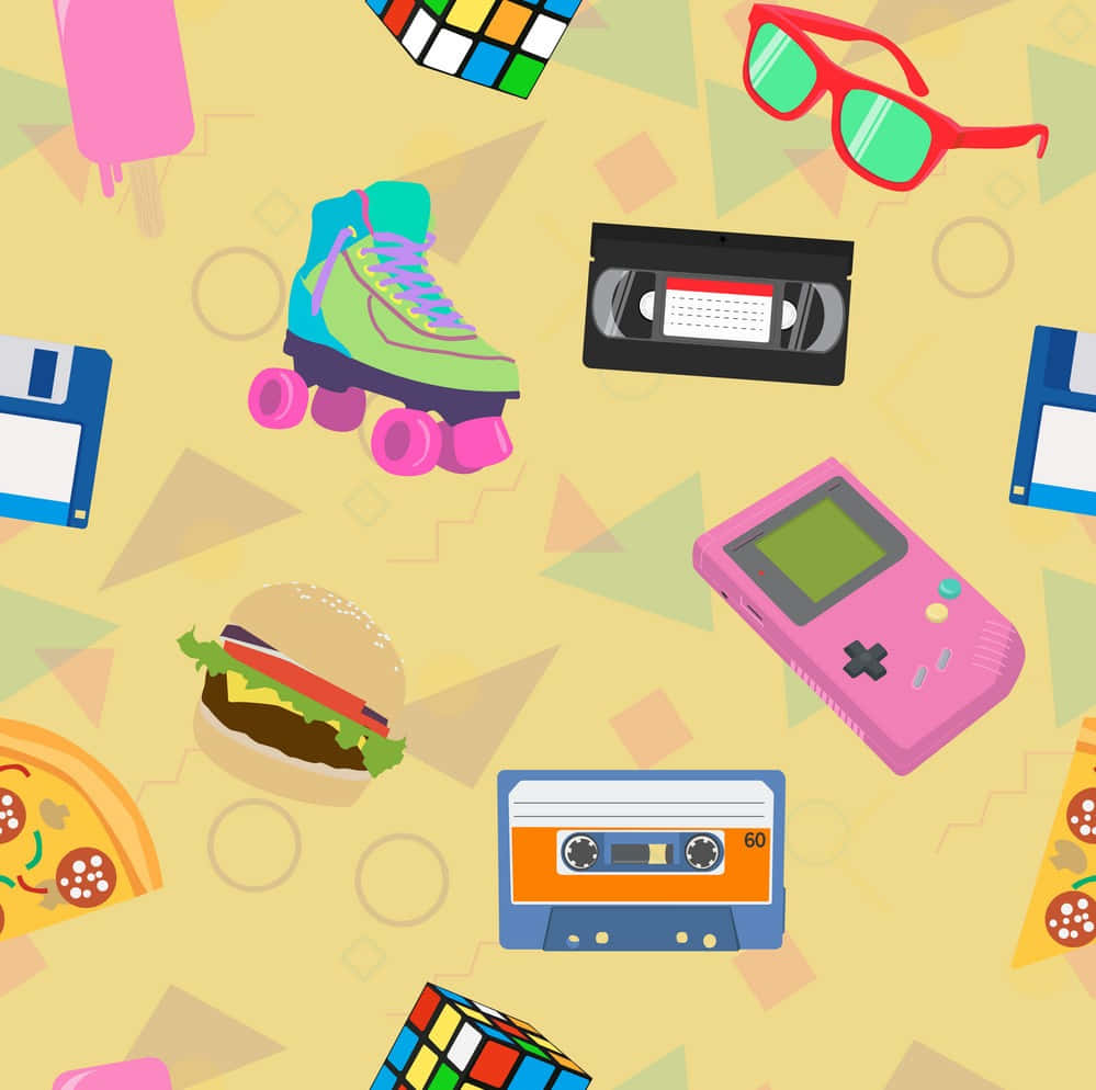90s Theme 桌布 壁紙 — 充滿活力的復古主題桌布，散落著90年代的圖標，如溜冰鞋、VHS錄影帶和披薩，背景為幾何黃色。