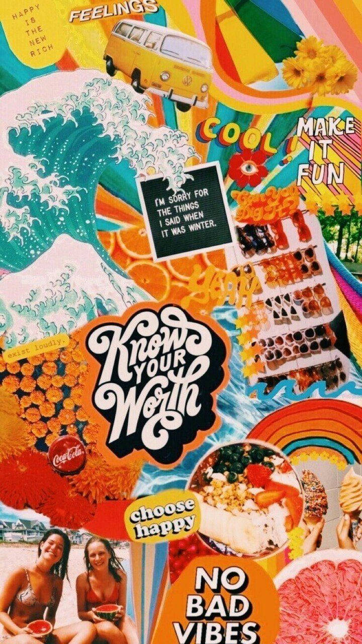 Summer Collage 桌布 壁紙 — 充滿活力的復古元素拼貼，包括一輛黃色貨車衝浪、熱帶花卉、食物以及大膽色彩的勵志文字。