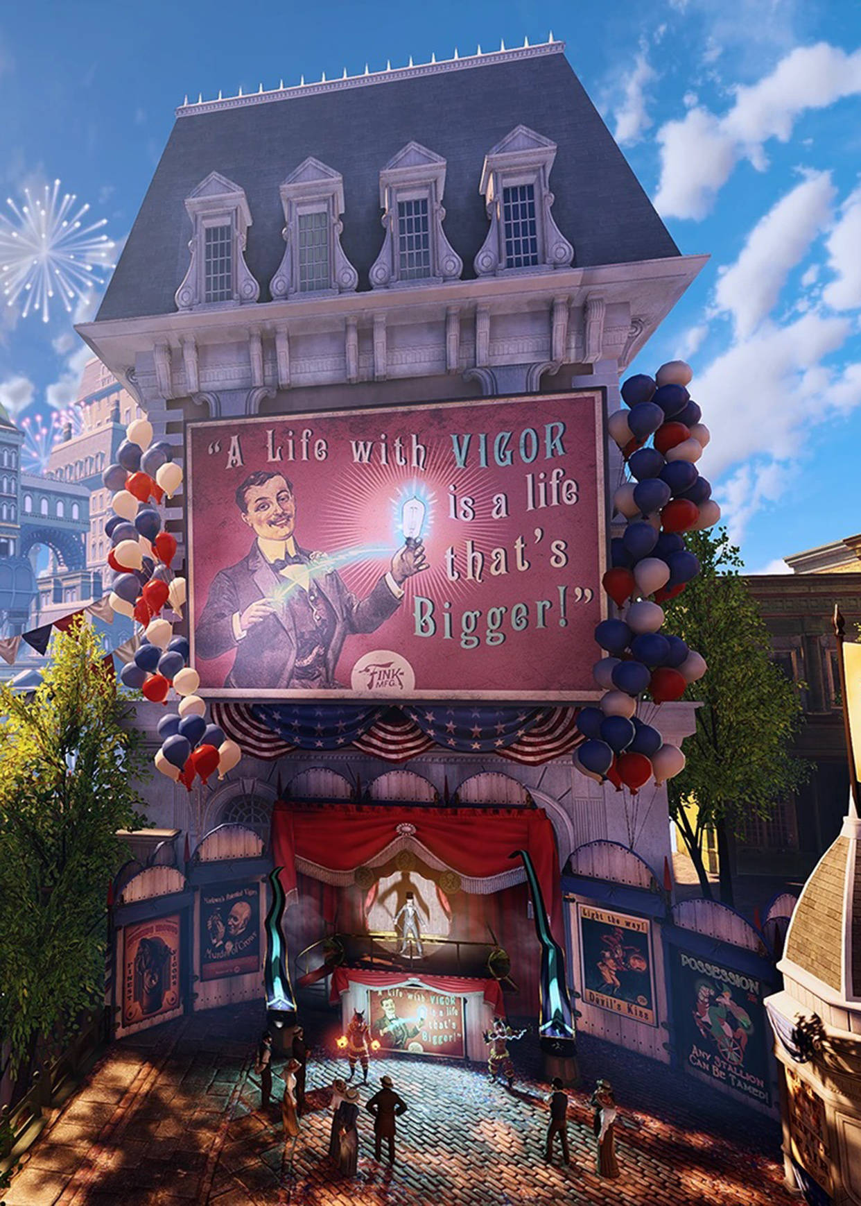 Bioshock Infinite iPhone 桌布 壁紙 — 充滿活力的復古劇院外牆，裝飾著紅、白、藍色氣球，以及一個在晴朗天空和煙火下宣傳Vigor的大型廣告牌。