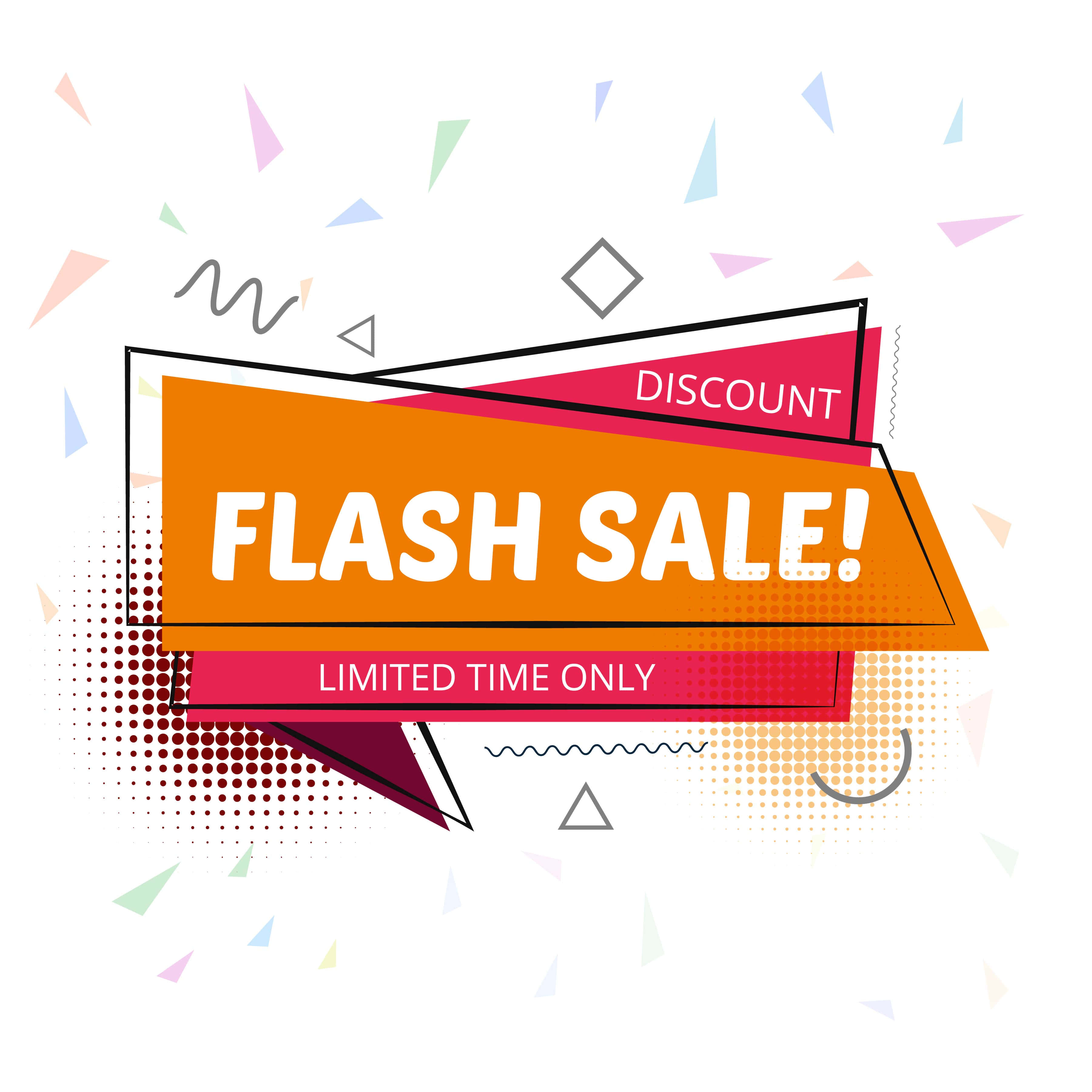 Sales 桌布 壁紙 — 充滿活力的復古圖形以鮮明的橙粉紅色文字和彩色幾何紙屑在白色背景上宣佈限時搶購。