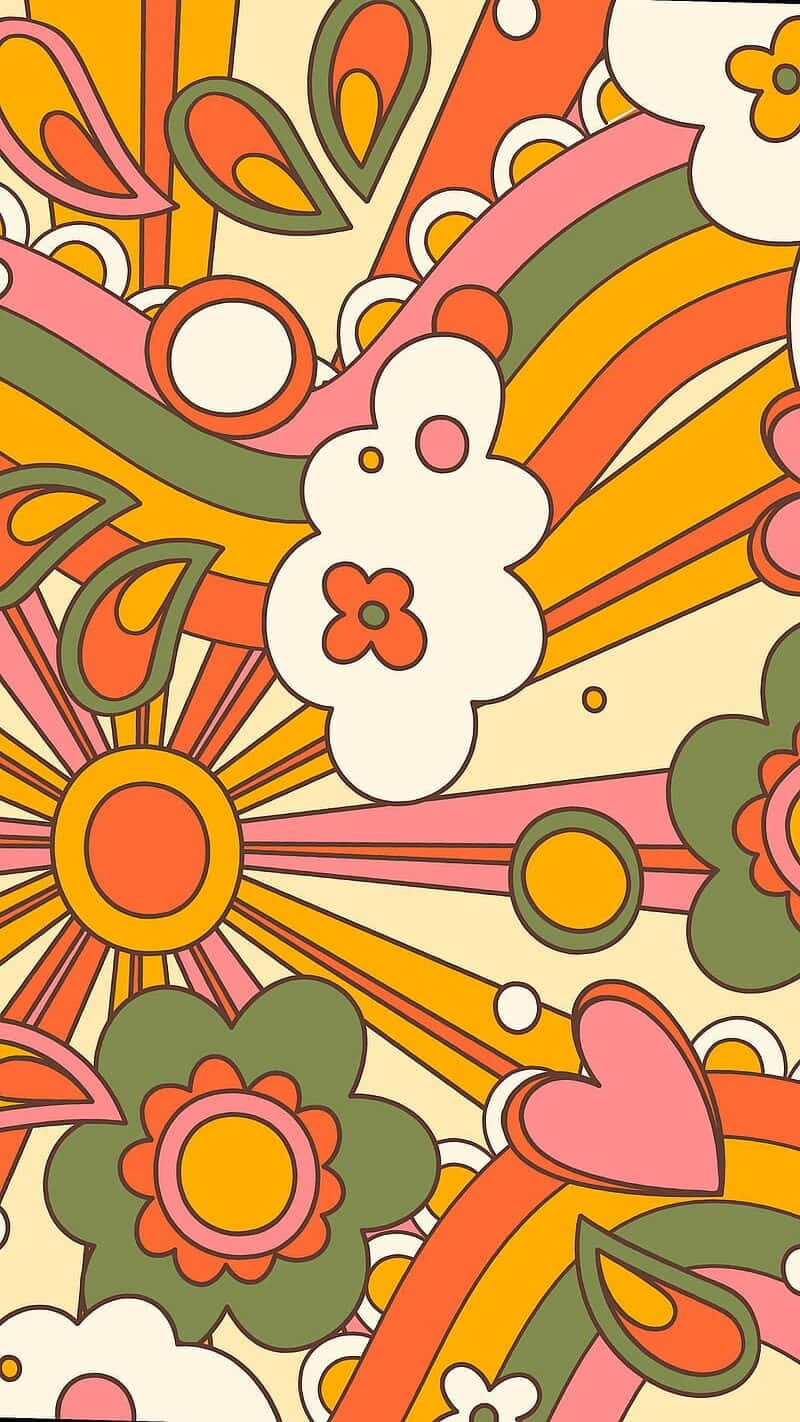 嬉皮 桌布 壁紙 — 充滿活力的復古圖案，以溫暖的橙色、粉紅色和綠色色調呈現風格化的花朵、心形和太陽爆發。