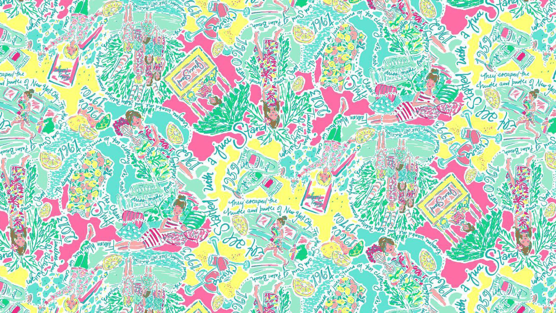 Preppy 桌布 壁紙 — 充滿活力的復古圖案，以粉紅色、黃色和藍綠色插圖描繪人物、雞尾酒和文字，風格俏皮混亂。