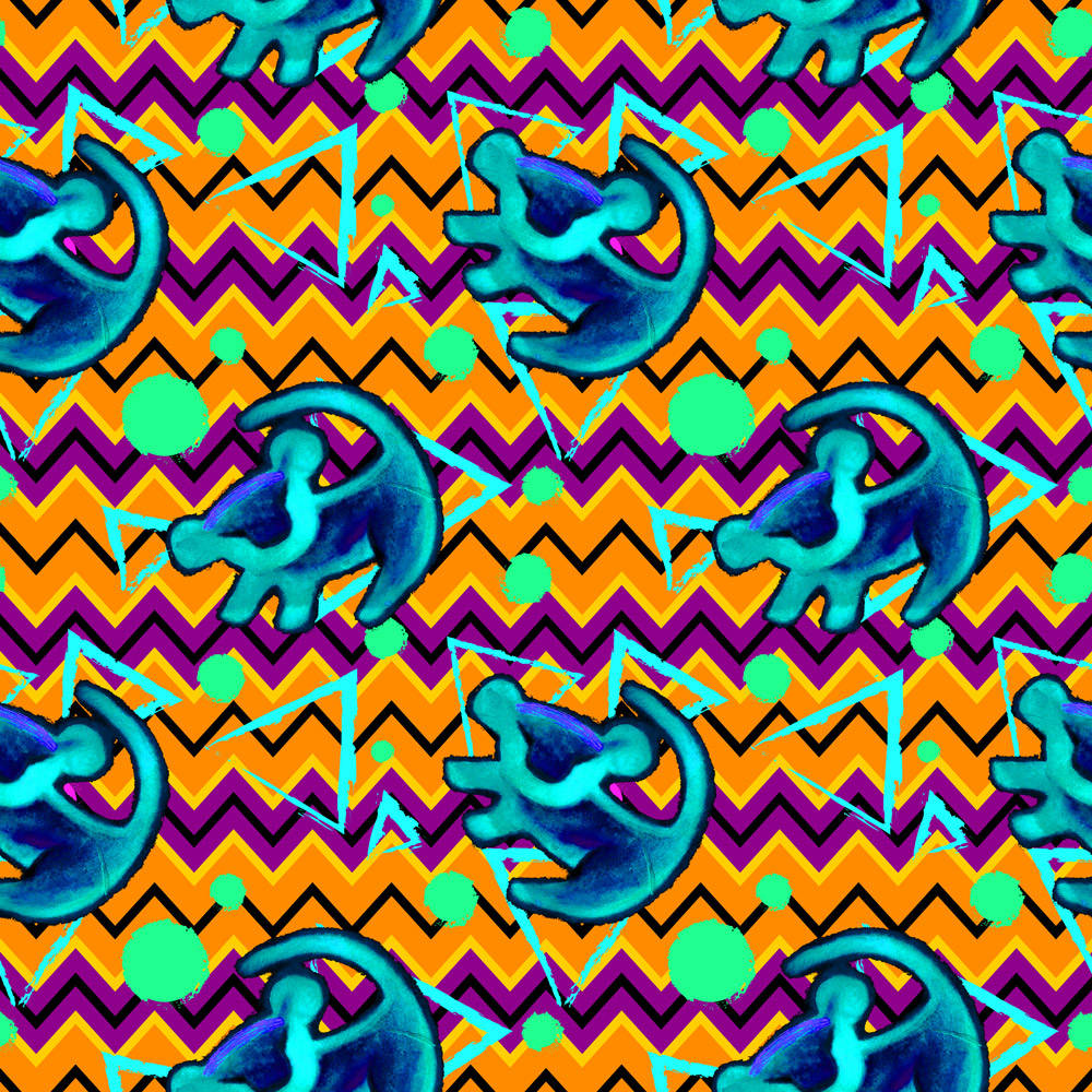 Disney Pattern 桌布 壁紙 — 充滿活力的復古圖案，在鋸齒狀橙色紫色背景上帶有藍綠色恐龍輪廓，並帶有霓虹色調。