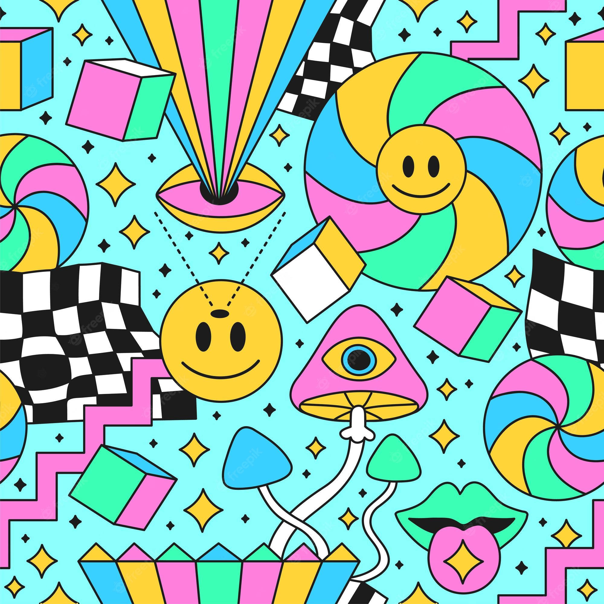 Trippy Cartoon 桌布 壁紙 — 充滿活力的復古圖案，帶有笑臉、迷幻蘑菇和幾何形狀，背景為青色。