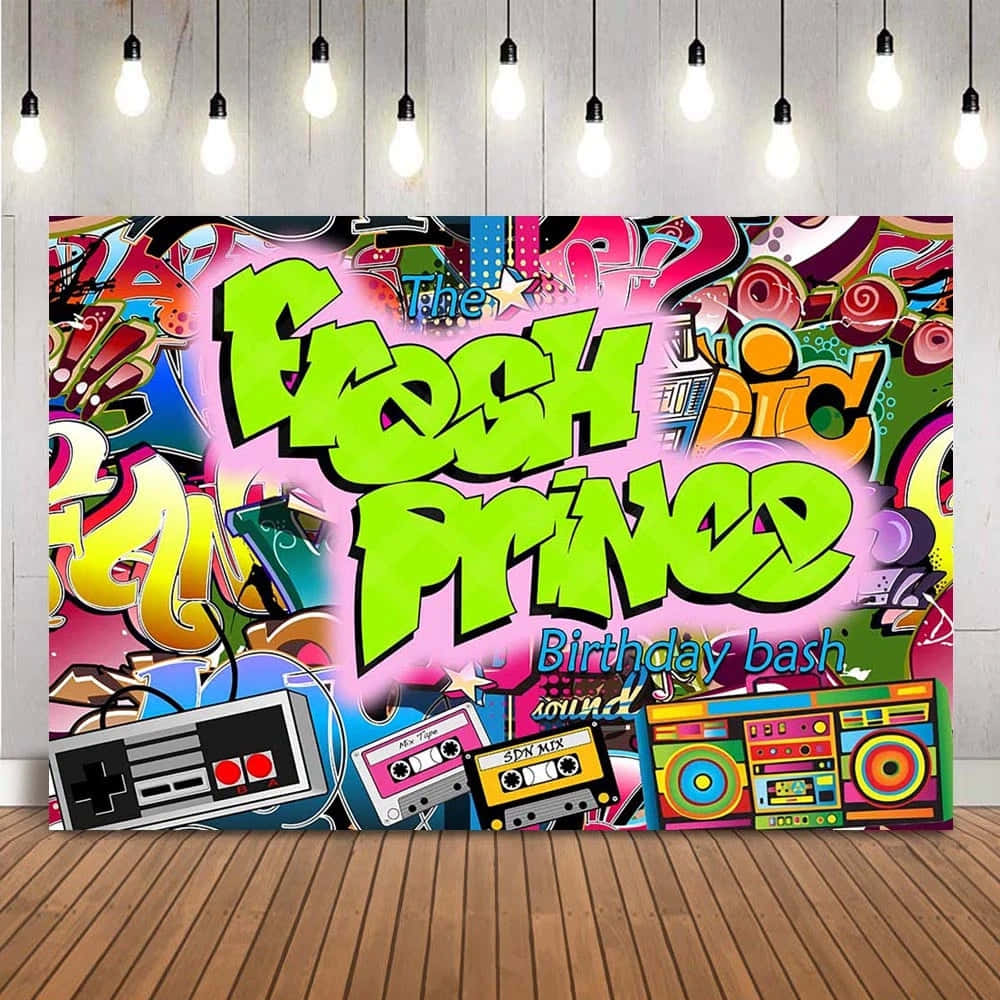 嘻哈 桌布 壁紙 — 充滿活力的復古塗鴉牆，帶有'The Fresh Prince Birthday Bash'文字和復古遊戲音箱卡式錄音帶道具，懸掛燈泡下。