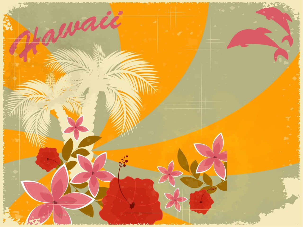 Hawaiian 桌布 壁紙 — 充滿活力的復古夏威夷海報，以棕櫚樹、粉紅色花朵和跳躍的海豚為特色，背景為溫暖的橙色和橄欖綠色曲線。