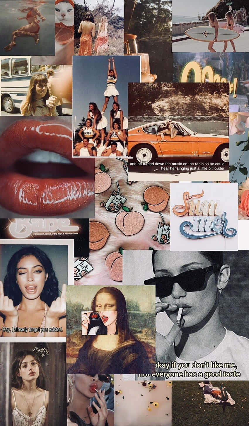 Vintage Collage 桌布 壁紙 — 充滿活力的復古夏日時刻拼貼畫，包含嘴唇、衝浪板、復古汽車和流行文化圖標，以暖色調呈現。
