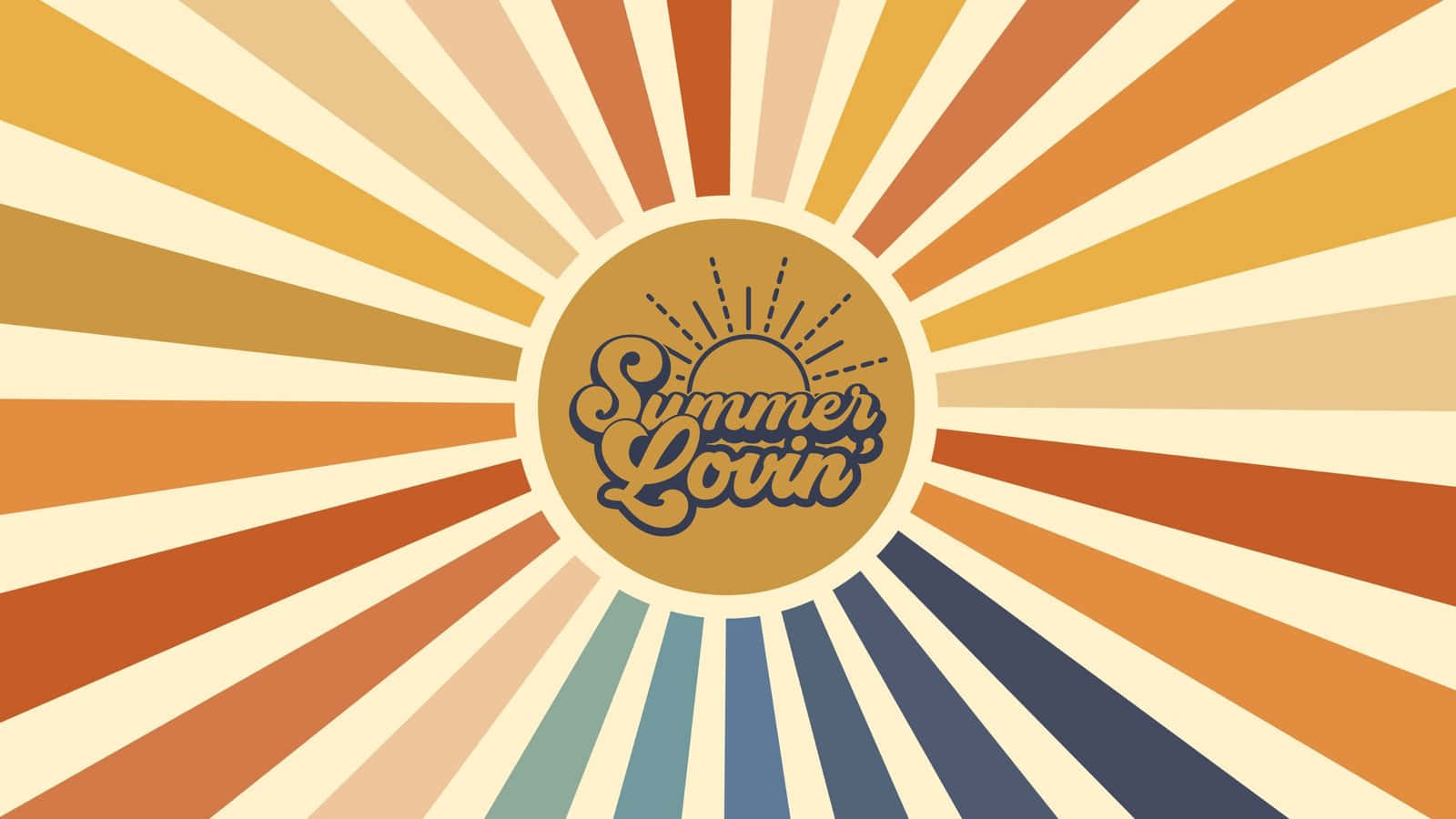 圖形 桌布 壁紙 — 充滿活力的復古太陽爆發，圍繞中央的復古字體 'Summer Lovin' 標誌散發出溫暖色調。