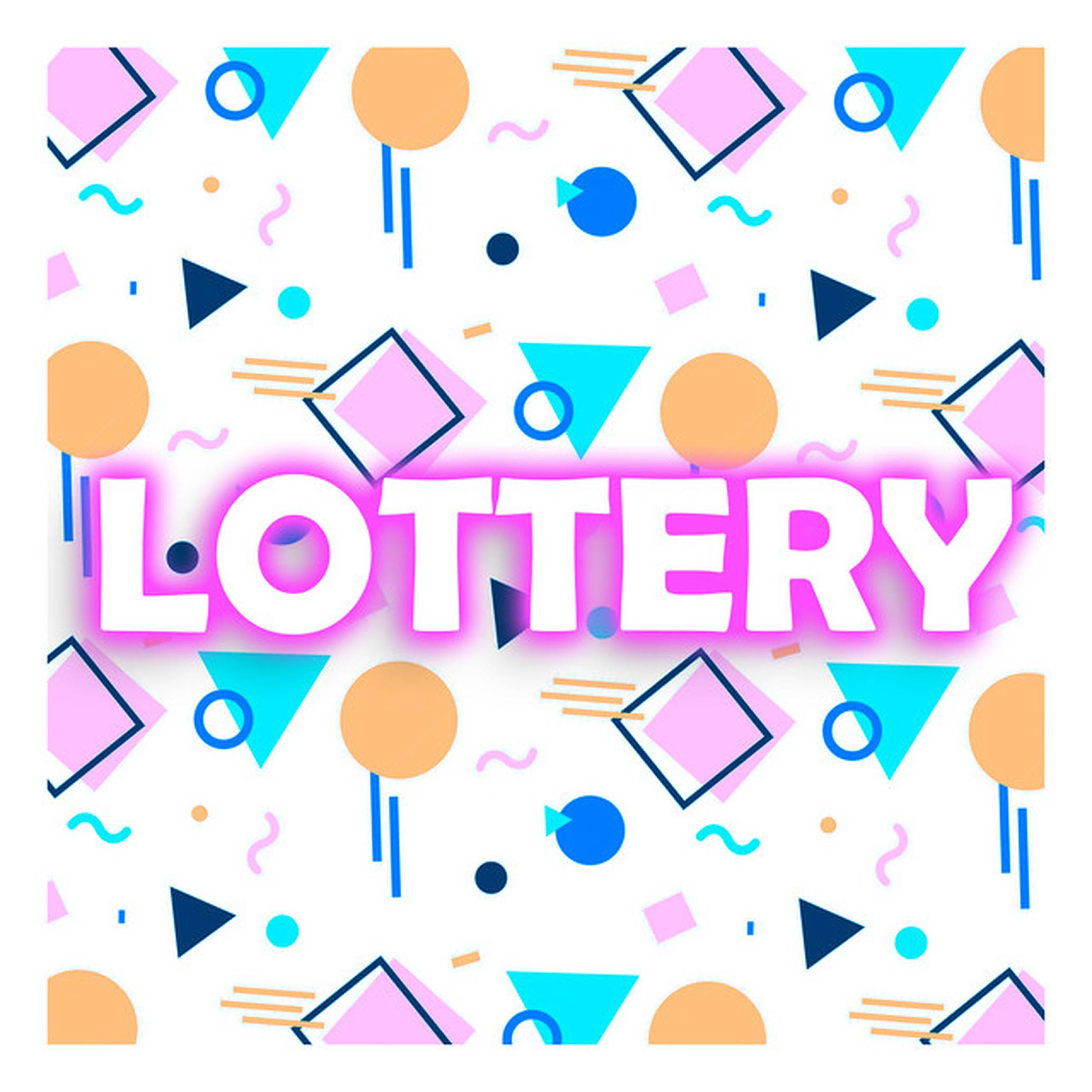Lottery 桌布 壁紙 — 充滿活力的復古幾何形狀，以粉紅色、藍色和橙色圍繞著白色背景上粗體發光的彩票文字。