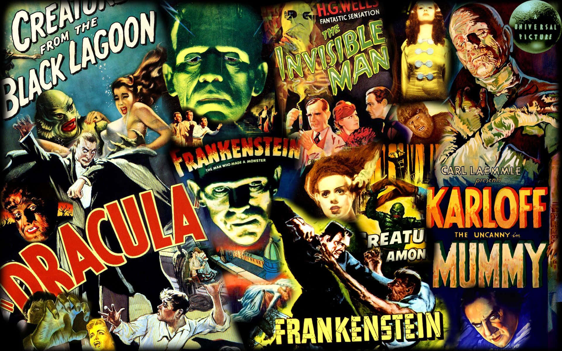 Monster Movies 桌布 壁紙 — 充滿活力的復古恐怖電影海報拼貼， featuring 經典怪物如科學怪人、德古拉和木乃伊，搭配粗體字體和戲劇性燈光。