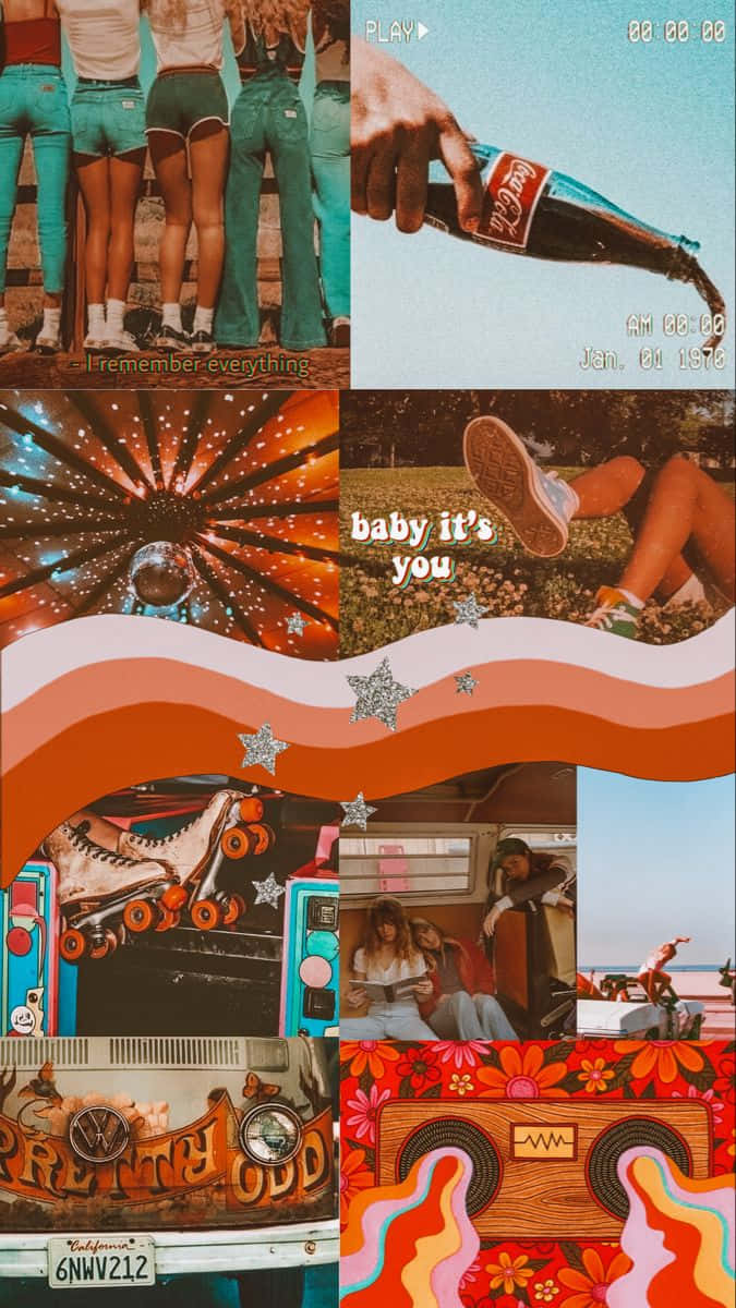 Vintage Collage 桌布 壁紙 — 充滿活力的復古拼貼畫， featuring 穿著牛仔布的青少年、倒可樂的手、溜冰鞋和迷幻圖案。