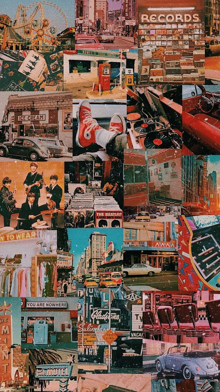 60s Aesthetic 桌布 壁紙 — 充滿活力的復古拼貼畫，描繪復古美國風情場景，包括汽車、唱片、音樂樂隊和路邊標誌。