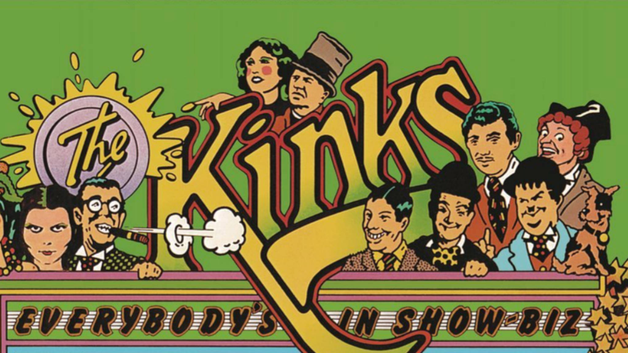Retro 桌布 壁紙 — 充滿活力的復古插圖，以大膽漫畫風格描繪 The Kinks 樂隊成員，背景為綠色，帶有爆炸性太陽光芒和文字。