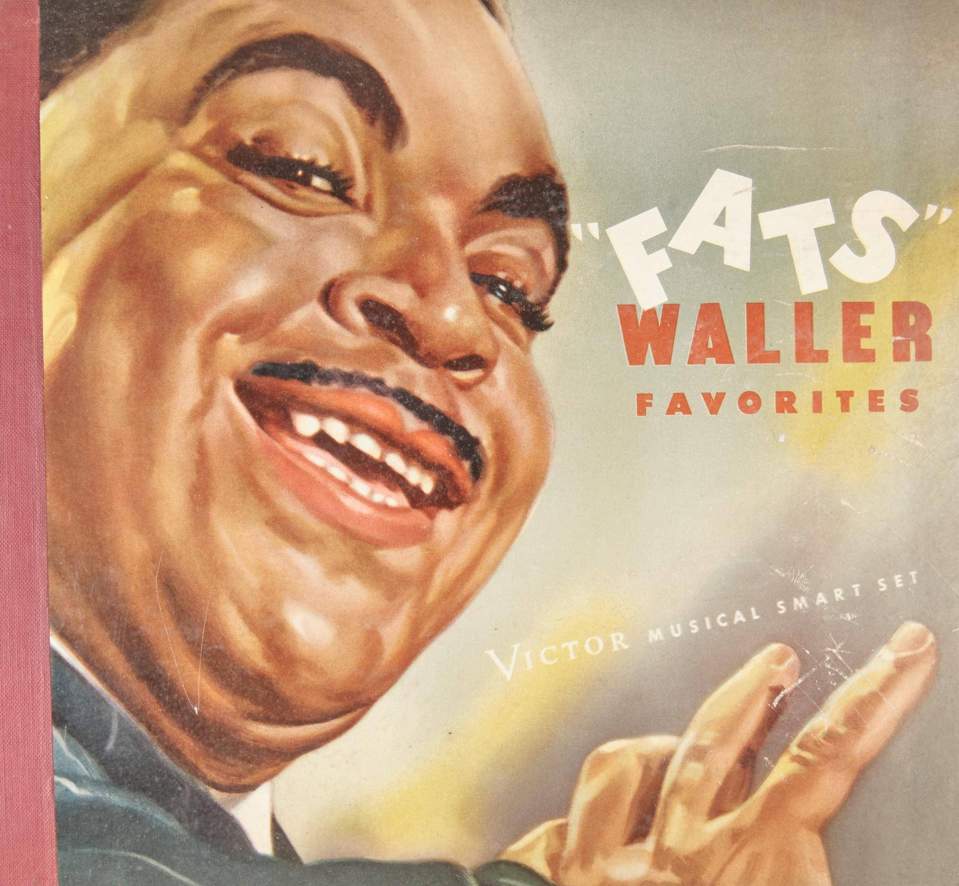 音樂 桌布 壁紙 — 充滿活力的復古插圖，描繪爵士鋼琴家 Fats Waller 在溫暖發光的背景下咧嘴大笑，舉起一隻手。