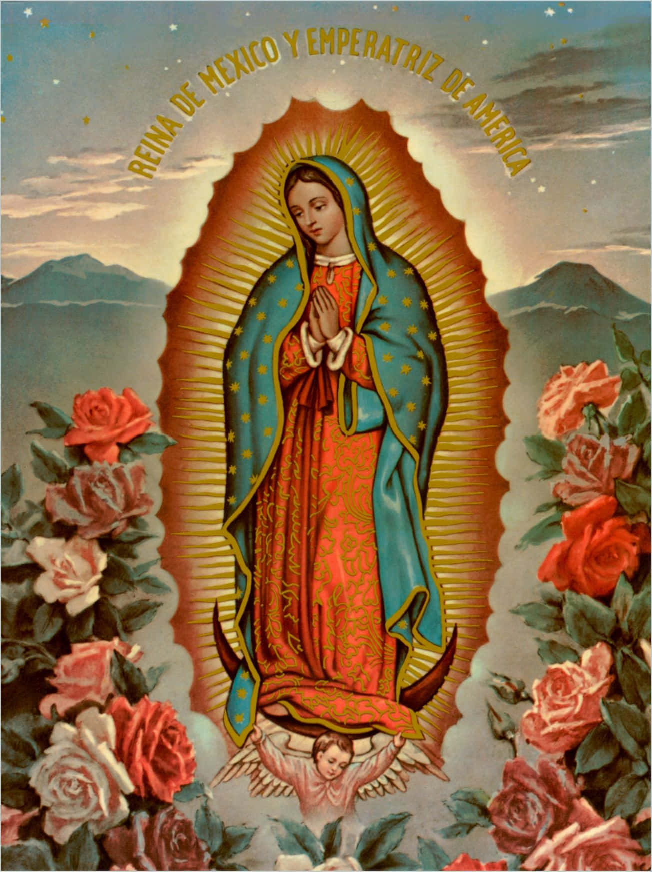 Mother Mary 桌布 壁紙 — 充滿活力的復古插圖，描繪瓜達盧佩聖母散發金色光芒，在星空下以玫瑰和山脈為框。