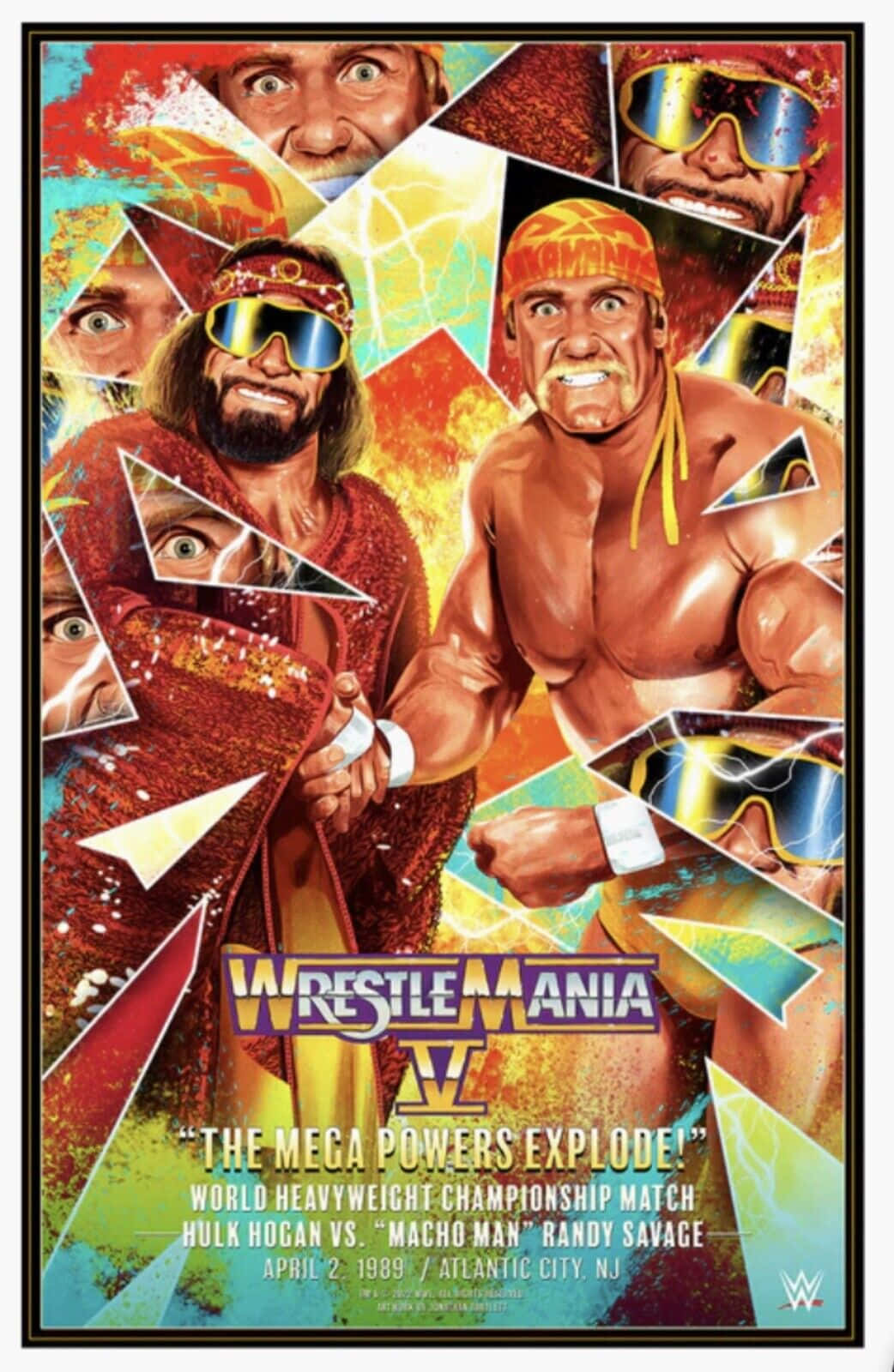 WWE 桌布 壁紙 — 充滿活力的復古摔角海報， featuring Hulk Hogan 和 Randy Savage，以動態幾何拼貼呈現，色彩大膽，表情強烈。