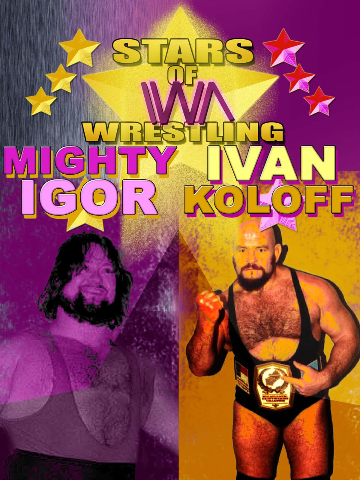 Canadian 桌布 壁紙 — 充滿活力的復古摔角海報，以 Mighty Igor 和 Ivan Koloff 為特色，位於星爆圖案下，配有粗體文字和紫黃色配色。