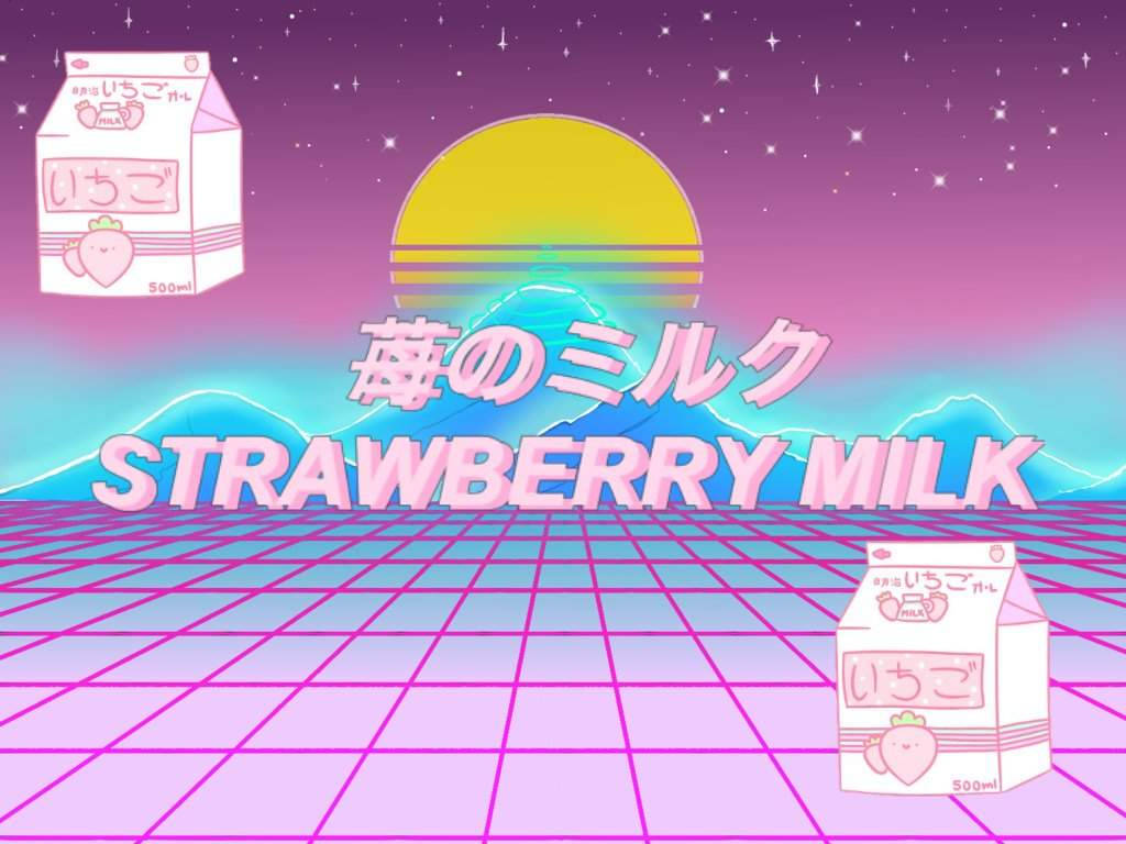 Strawberry Milk 桌布 壁紙 — 充滿活力的復古未來主義場景，帶有霓虹粉紅網格、發光的山脈和草莓牛奶盒，在星空日落天空下。