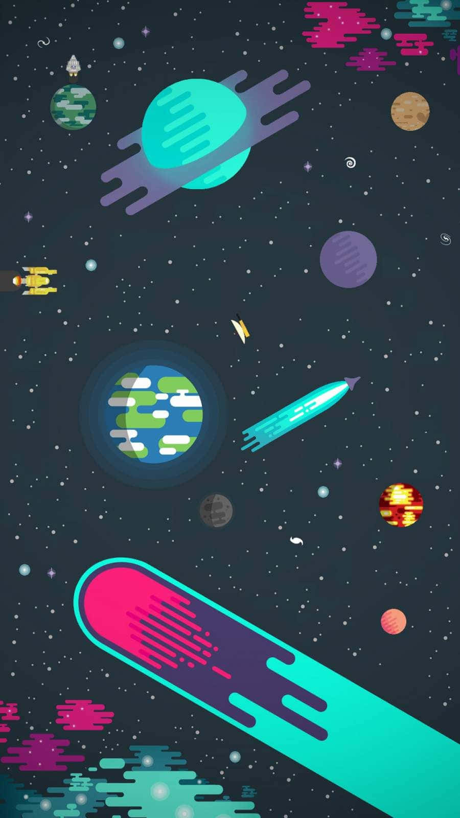 Cartoon Space 桌布 壁紙 — 充滿活力的復古未來主義太空場景，霓虹火箭和彩色行星漂浮在像素化星星之間。