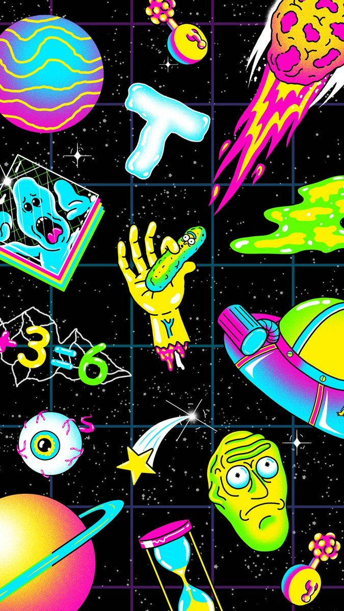 rick 桌布 壁紙 — 充滿活力的復古未來主義太空場景，霓虹行星、外星人和宇宙物體漂浮在網格星空背景上。
