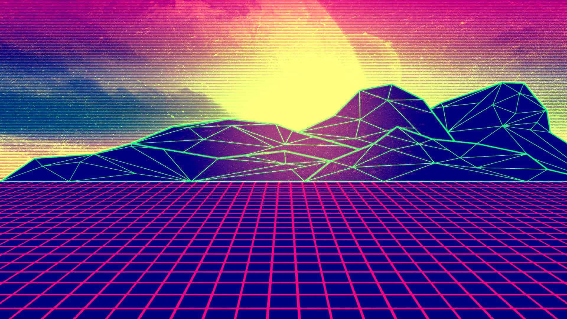 蒸氣波 桌布 壁紙 — 充滿活力的復古未來主義山脈在霓虹日落映照下，於網格圖案的地平線上閃耀。