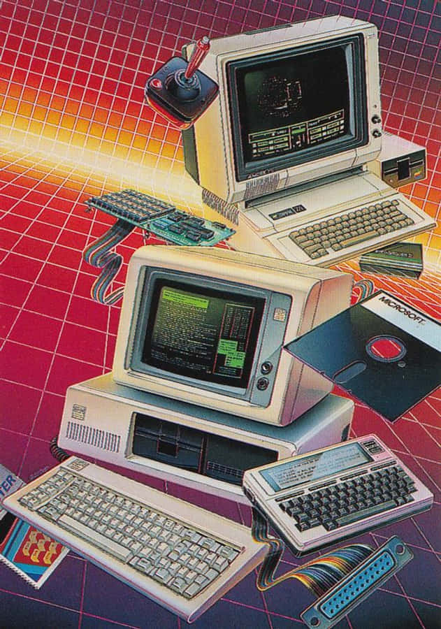 80s iPhone 桌布 壁紙 — 充滿活力的復古未來主義插圖，描繪堆疊的復古電腦和周邊設備，背景為發光的網格。