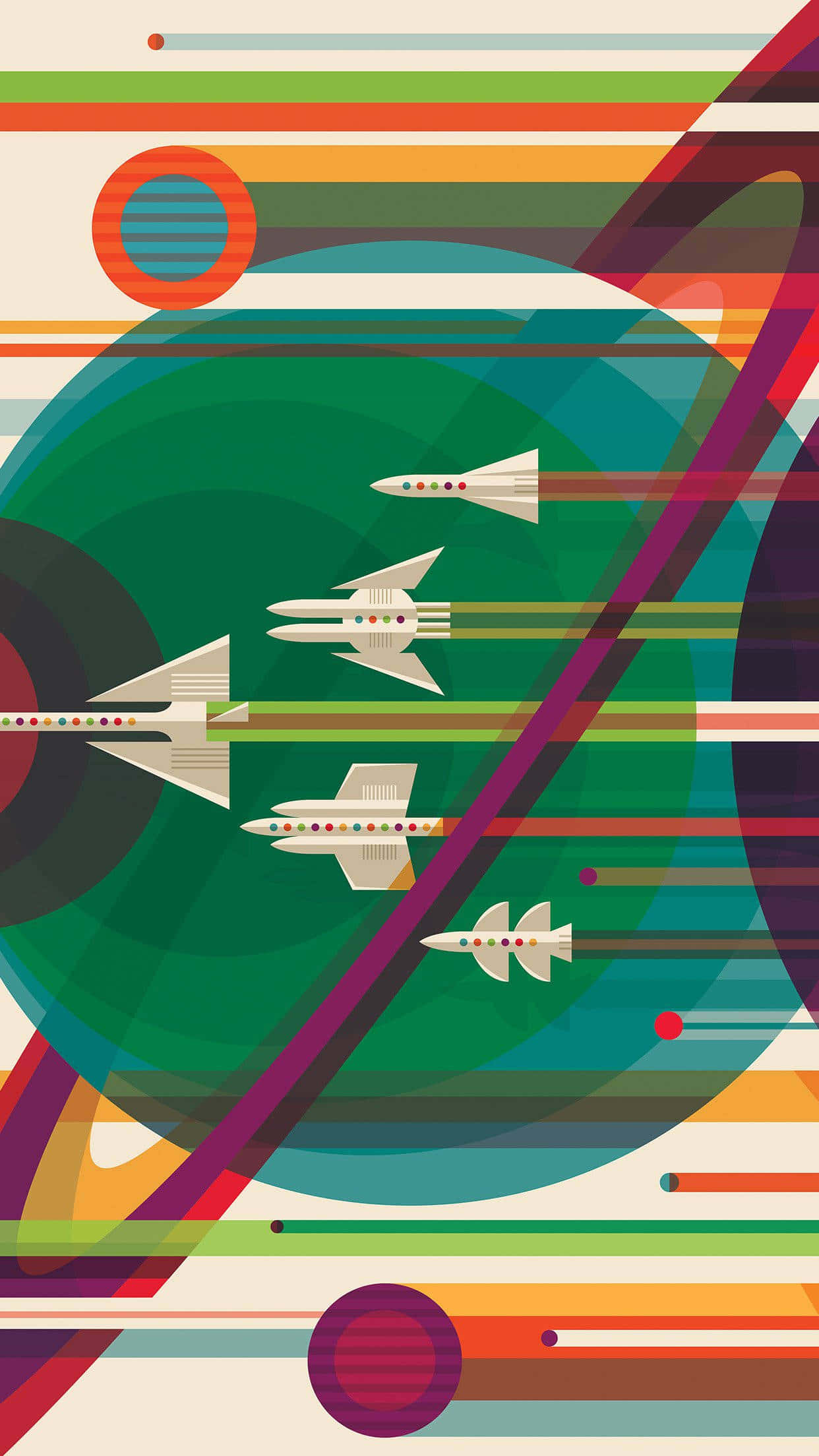 Retro Futurism 桌布 壁紙 — 充滿活力的復古未來主義插圖，描繪流線型白色太空船在色彩繽紛的宇宙場景中飛行，帶有幾何行星和條紋。