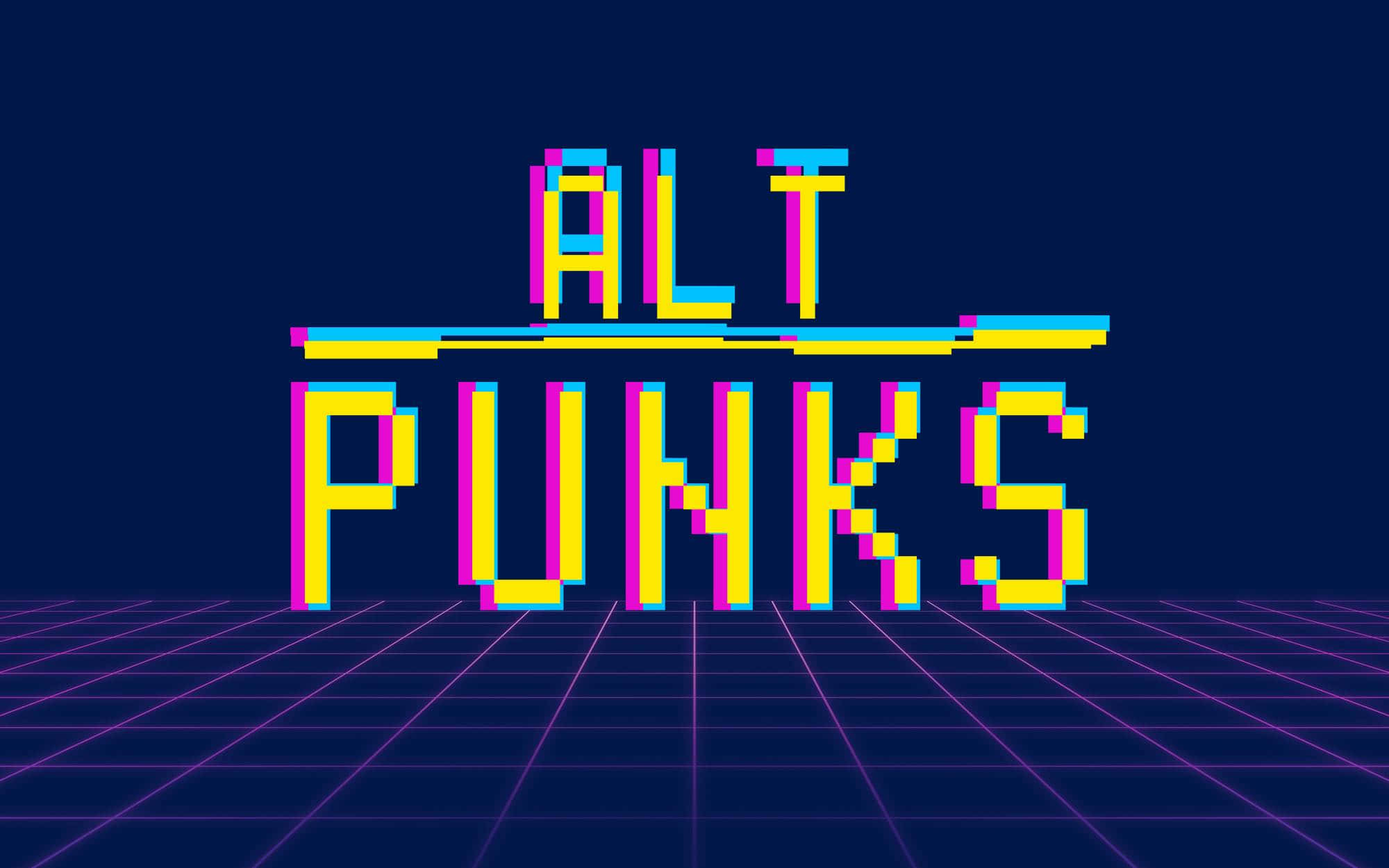 復古美學 桌布 壁紙 — 充滿活力的復古未來主義文字「ALT PUNKS」在深藍色網格地板上以像素化的霓虹黃色和粉紅色發光。