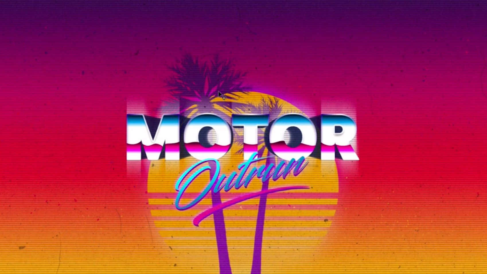 Retro 桌布 壁紙 — 充滿活力的復古未來主義文字 MOTOR Outrun 在漸變日落、棕櫚樹和故障效果中閃耀。