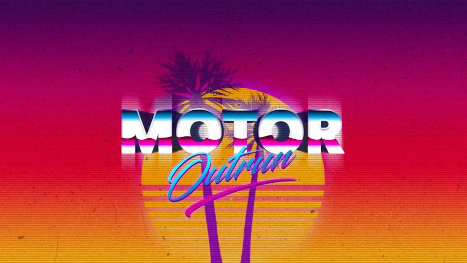 Aesthetic Retro 桌布 壁紙 — 充滿活力的復古未來主義文字 MOTOR Outrun 在漸變日落、棕櫚樹和故障效果中閃耀。