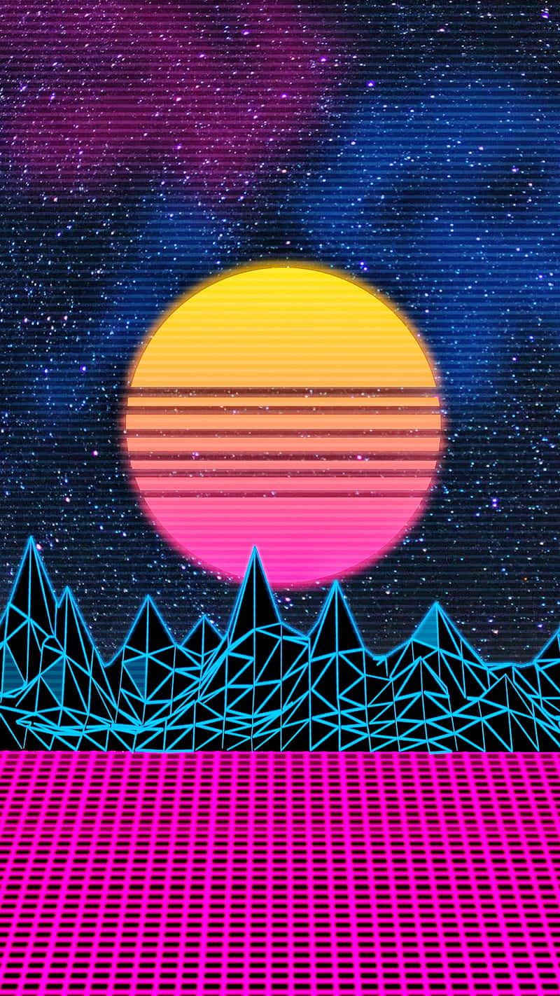 1980s 桌布 壁紙 — 充滿活力的復古未來主義日落，條紋太陽照耀在霓虹藍色幾何山脈上，星空下是洋紅色網格地板。