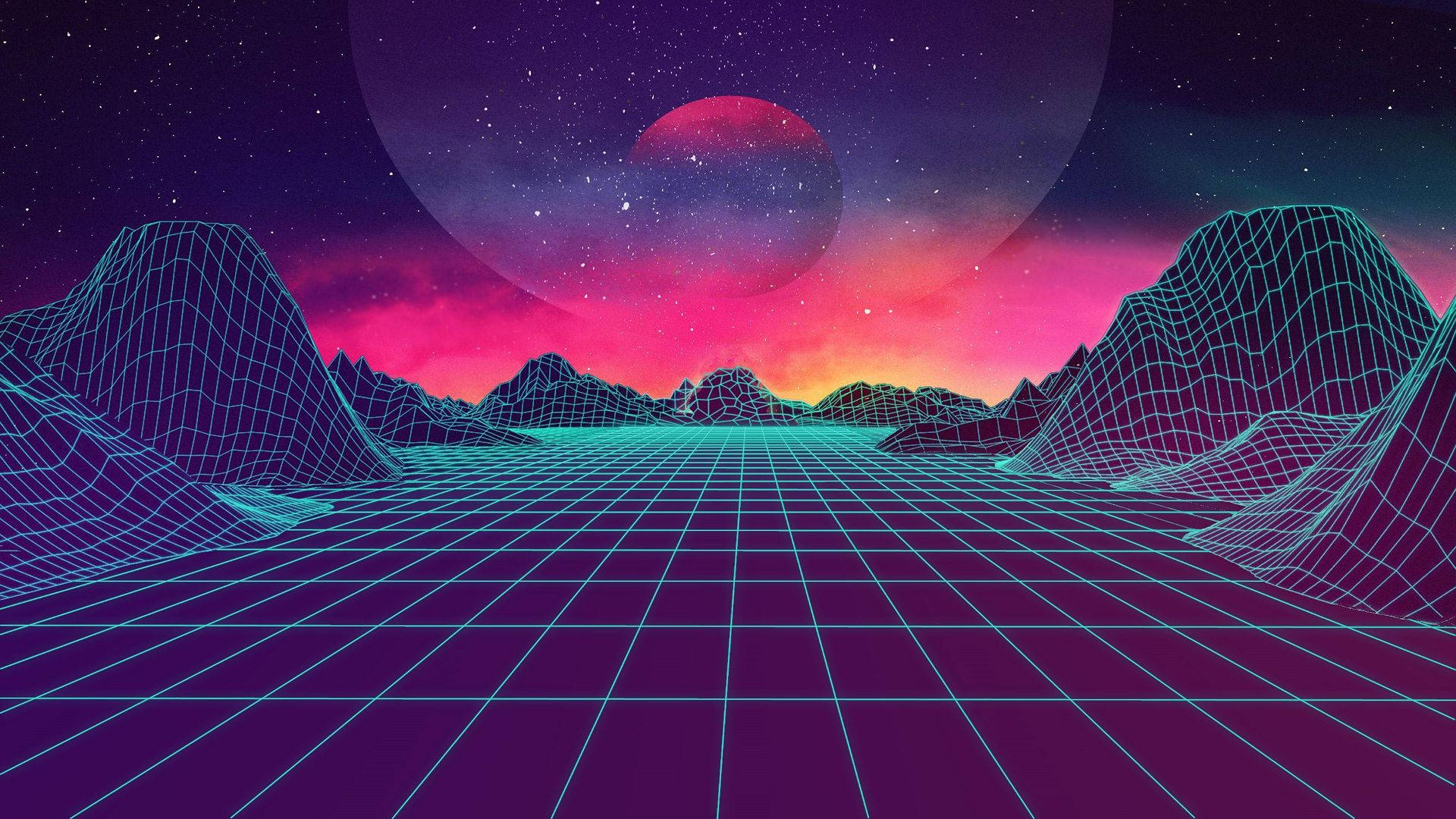 Outrun 桌布 壁紙 — 充滿活力的復古未來主義景觀，帶有發光的網格地形、霓虹山脈和粉紫色天空，下方是一顆巨大的紅色行星。