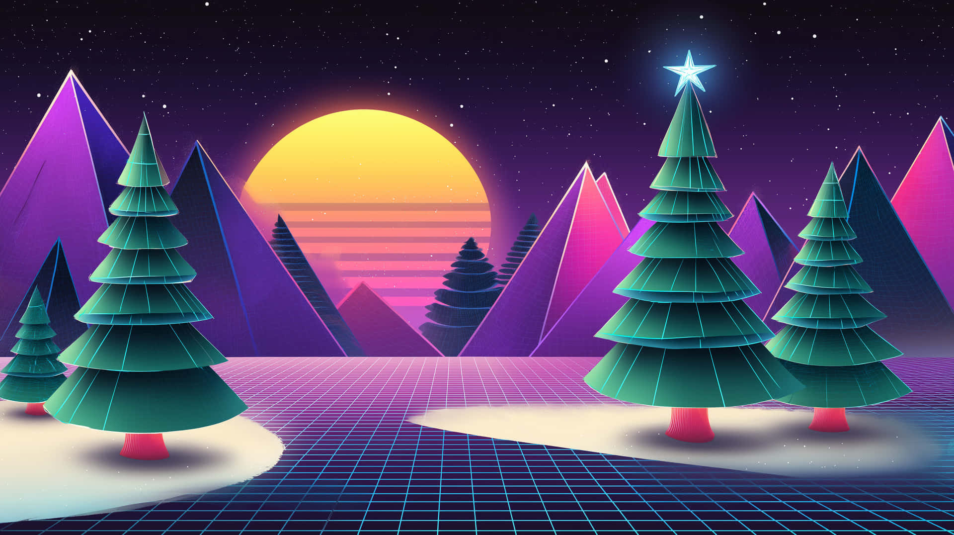 Vibrant Retro Holiday Scene with Stylized Trees and Mountains 壁紙 — 充滿活力的復古未來主義景觀，青綠色的樹木在霓虹日落和幾何紫色山脈下發光。