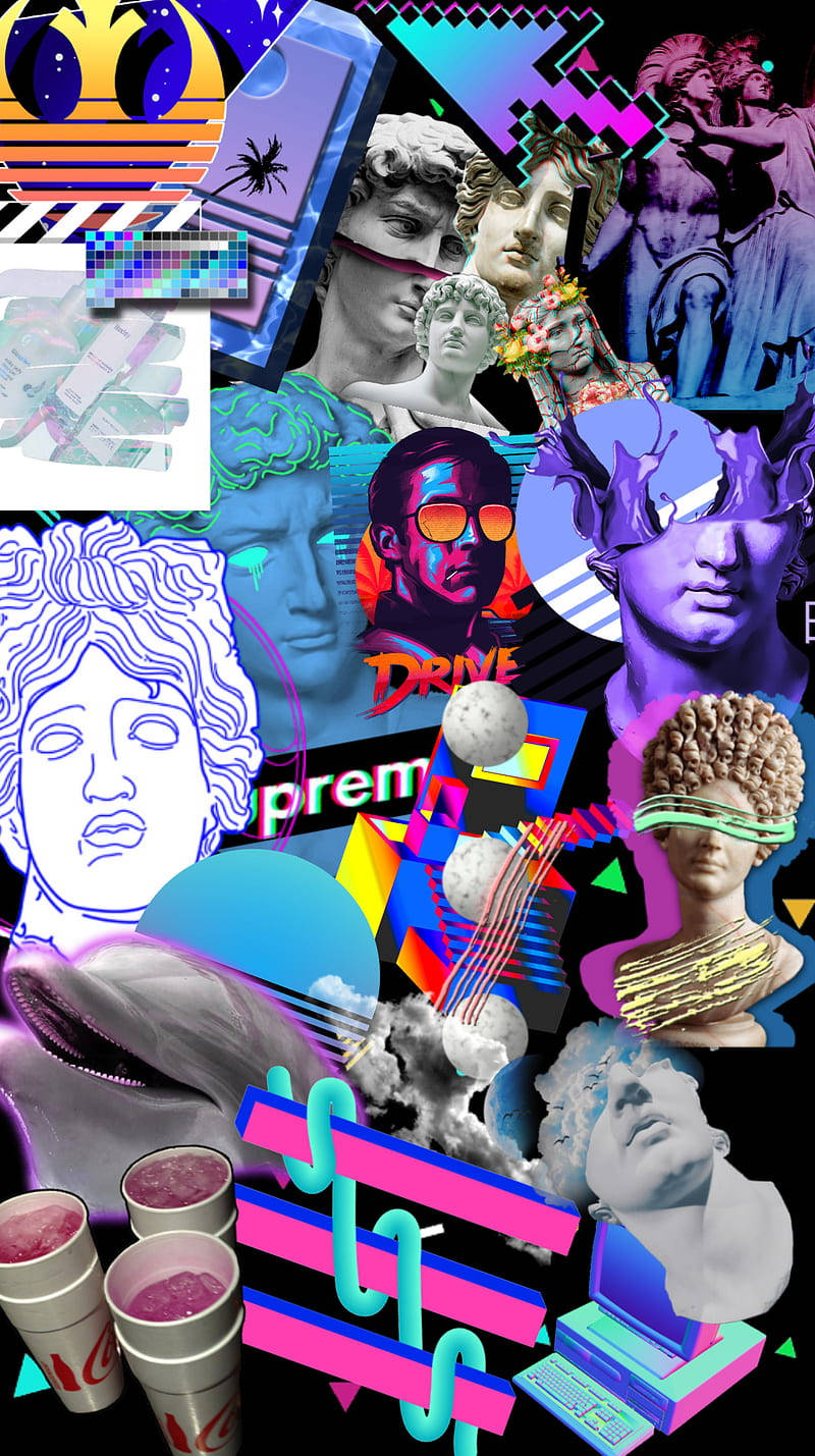 Hype Aesthetic 桌布 壁紙 — 充滿活力的復古未來風格拼貼畫，融合了古典大理石半身像、霓虹幾何形狀和流行文化圖標。