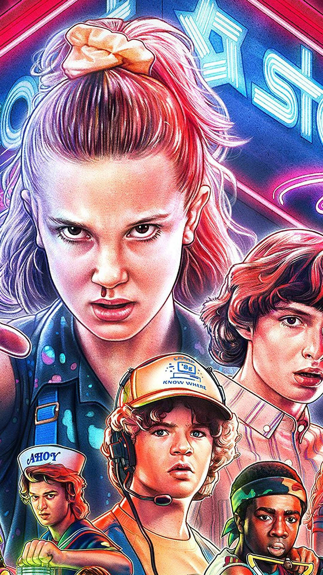 Stranger Things iPhone 桌布 壁紙 — 充滿活力的復古未來風格海報，四位堅定的年輕主角在發光的霓虹招牌前。