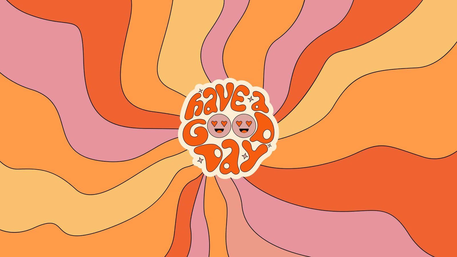 Orange Desktop 桌布 壁紙 — 充滿活力的復古波浪從一張帶有笑臉的愉快「have a good day」貼紙中散發出來。