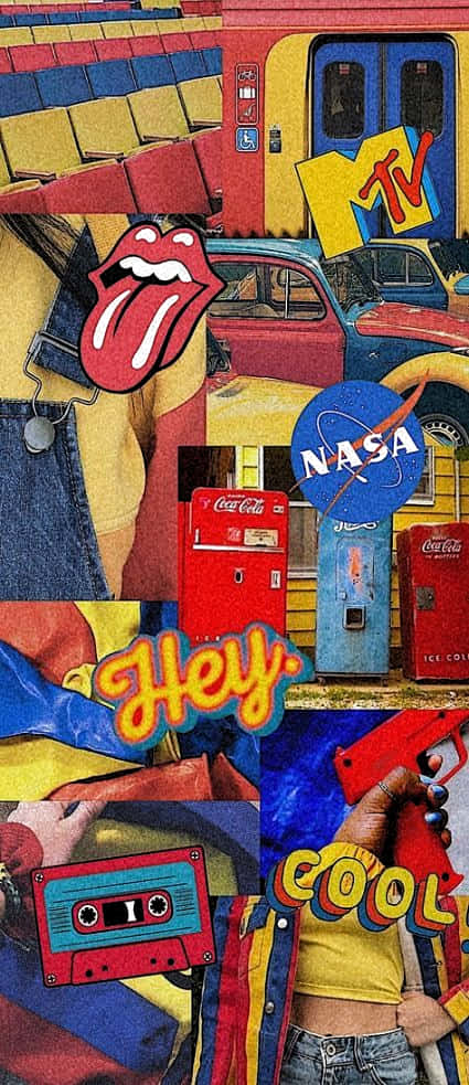 80s iPhone 桌布 壁紙 — 充滿活力的復古流行文化圖標拼貼，包括 MTV 標誌、滾石樂隊舌頭、可口可樂自動販賣機和卡式錄音帶。