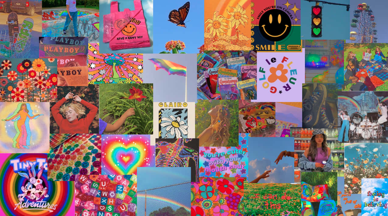 Kidcore Aesthetic 桌布 壁紙 — 充滿活力的復古流行藝術拼貼畫，包含彩虹、笑臉、花朵和俏皮圖案，採用明亮的霓虹色彩。