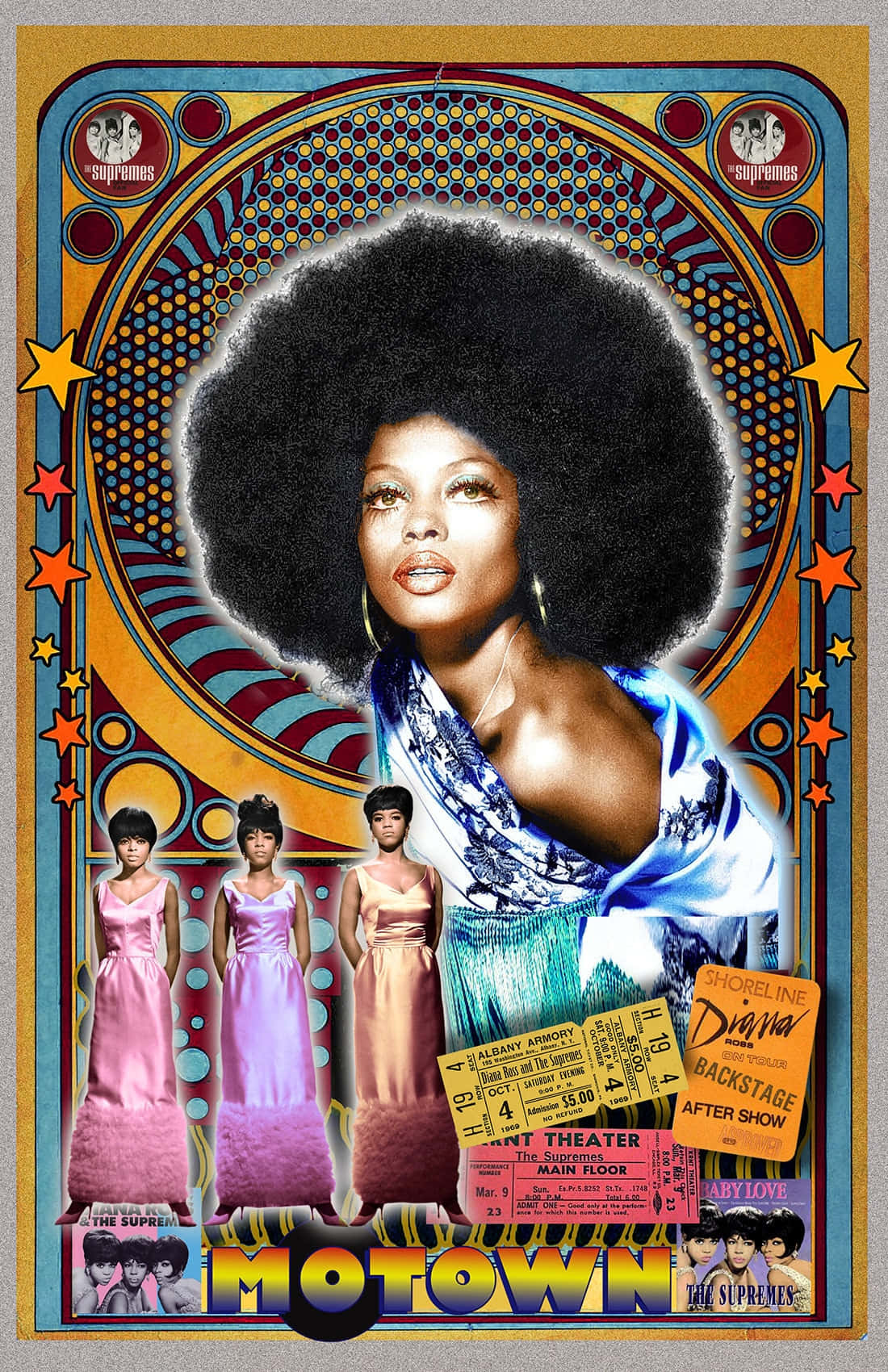 poster 桌布 壁紙 — 充滿活力的復古海報， featuring Diana Ross 與大型非洲式髮型，周圍環繞著色彩繽紛的幾何圖案和演唱會門票。