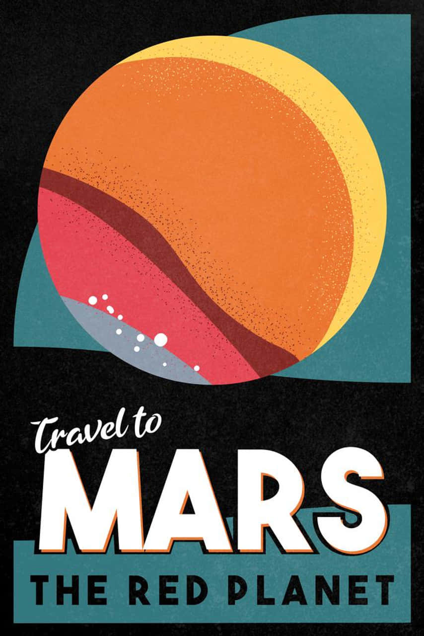火星 桌布 壁紙 — 充滿活力的復古海報邀請前往火星旅行，以風格化的紅色行星搭配青綠色和黑色背景。