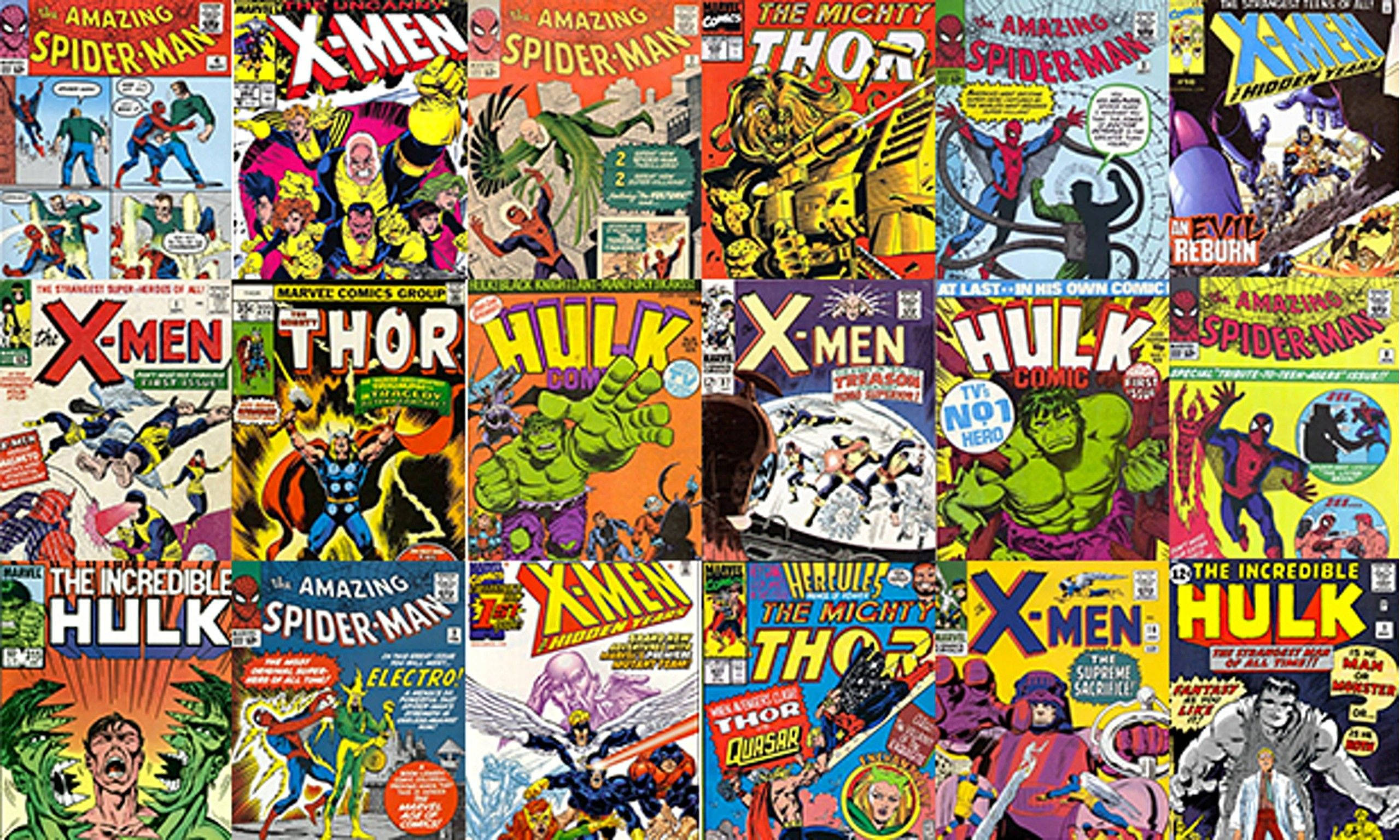 comic 桌布 壁紙 — 充滿活力的復古漫畫封面， featuring Spider-Man、Hulk 和 Thor 以大膽動態的動作姿勢呈現，色彩明亮飽和。