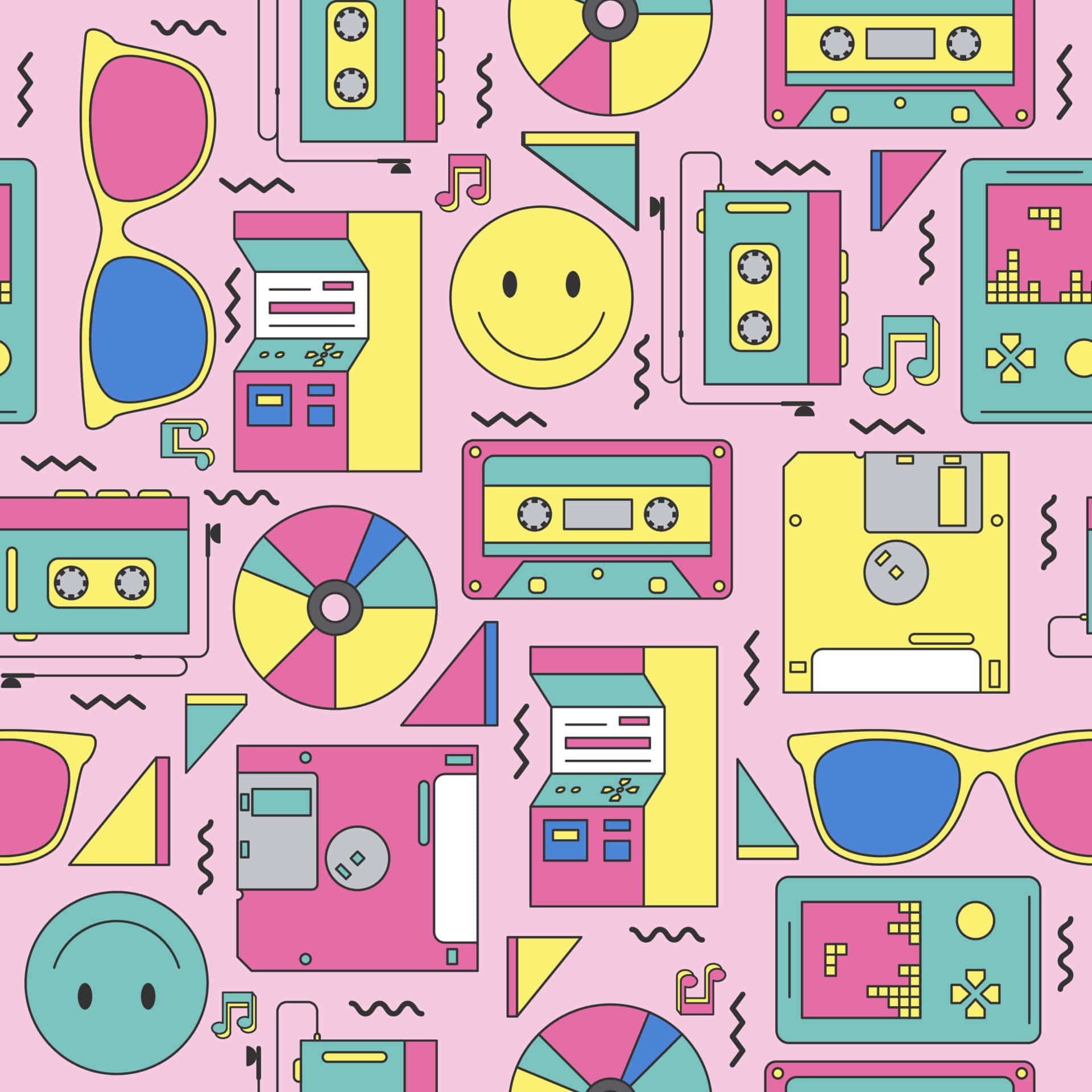 icons 桌布 壁紙 — 充滿活力的復古科技圖標，如卡式錄音帶和Gameboy，漂浮在帶有俏皮鋸齒紋的粉紅色背景上。