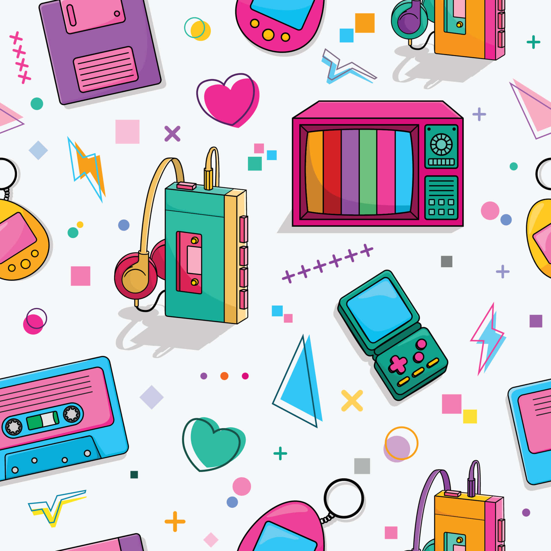 Retro 90s 桌布 壁紙 — 充滿活力的復古科技圖標，如卡式錄音機和Gameboy，漂浮在心形和幾何圖案之間，展現出俏皮的80年代美學。