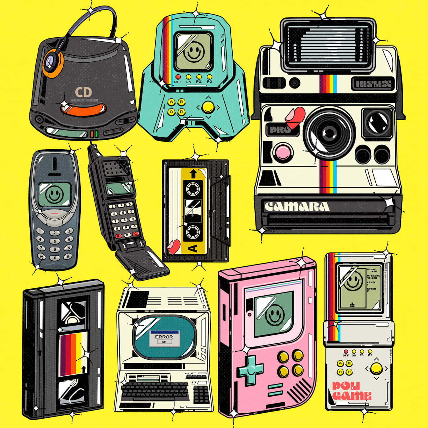 90s Style 桌布 壁紙 — 充滿活力的復古科技小工具，如 Gameboy 和攝錄機，以鮮豔色彩繪製在黃色背景上。