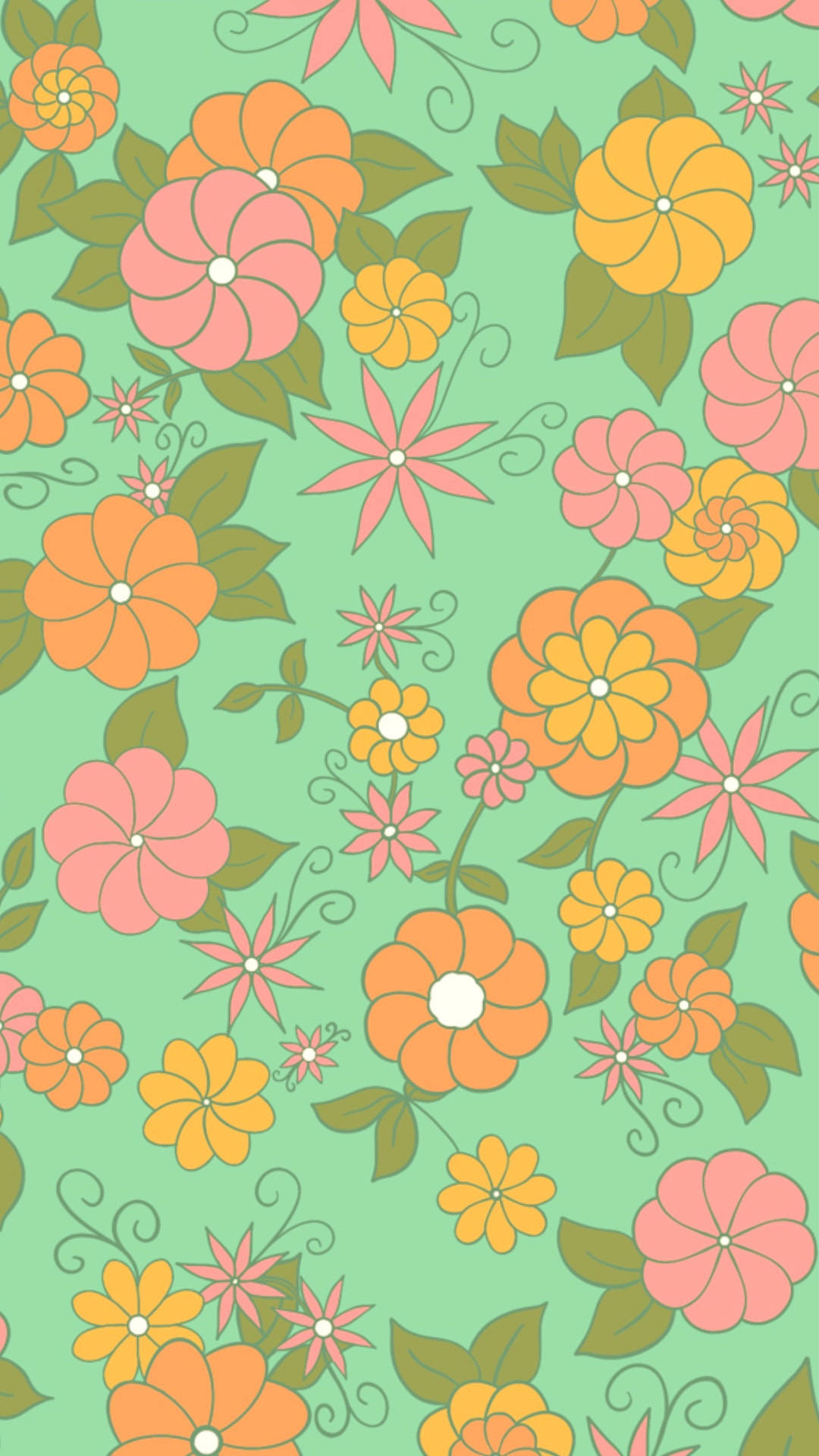Floral Phone 桌布 壁紙 — 充滿活力的復古花卉圖案，以橙色、粉紅色和綠色的風格化花朵點綴在薄荷綠背景上。